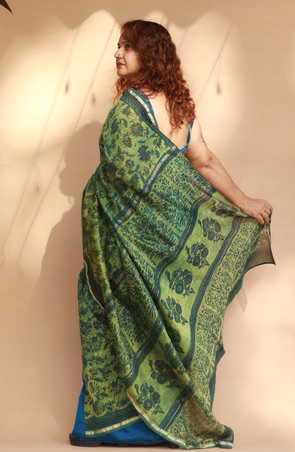 Rangg | Patli Pallu Saree | Chanderi & Mul | Green - Blue