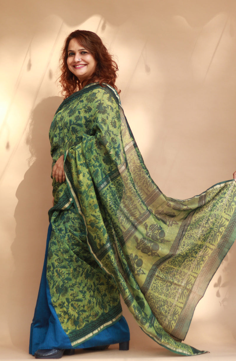 Rangg | Patli Pallu Saree | Chanderi & Mul | Green - Blue