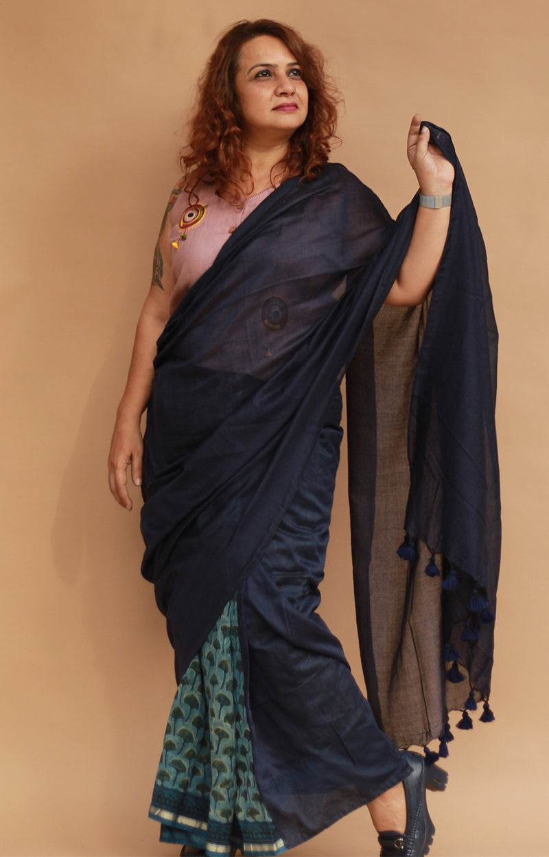 Rangg | Patli Pallu Saree | Chanderi & Mul |  Indigo