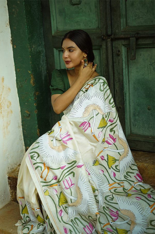 Hamsini | Kantha Tussar Silk Saree | Ivory