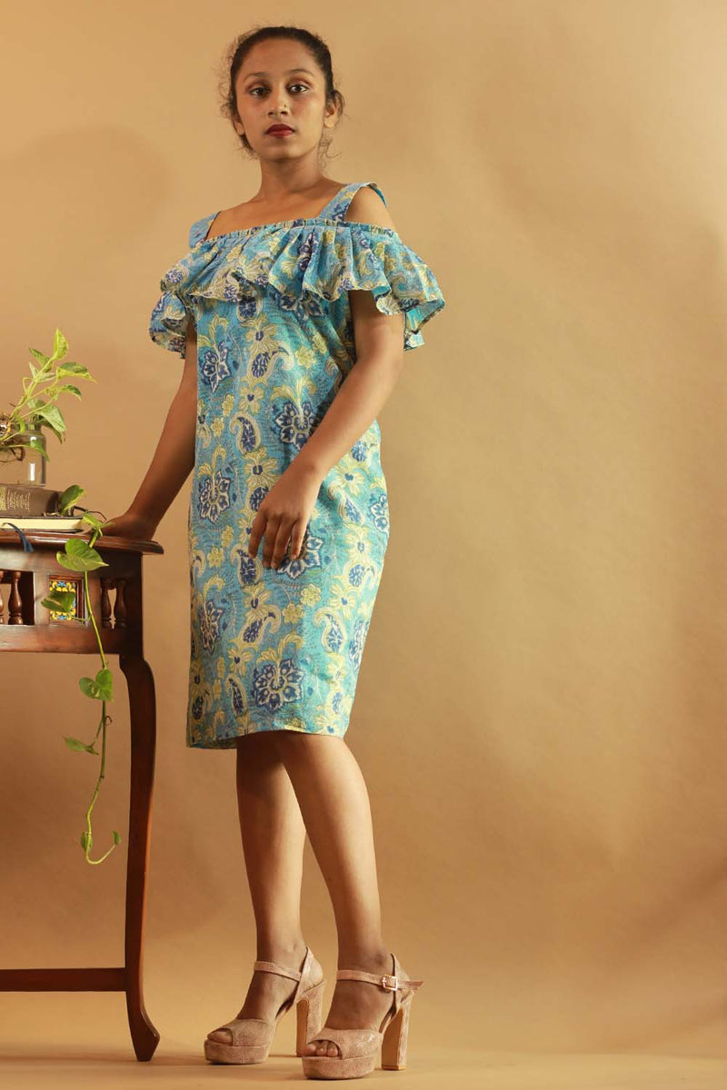 Off-Shoulder Short Dress in Aqua Blue Sanganeri