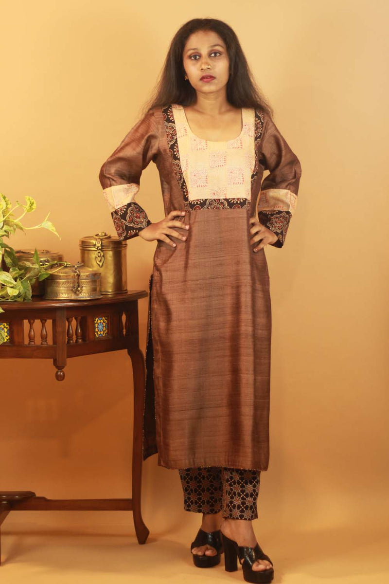 Pure Tussar Silk Kurta with Ajrakh