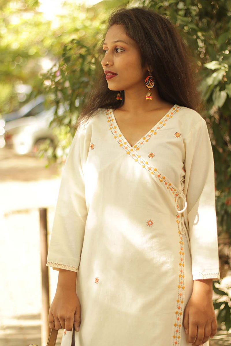 Kesariya Safed- Hand Embroidered Angarkha