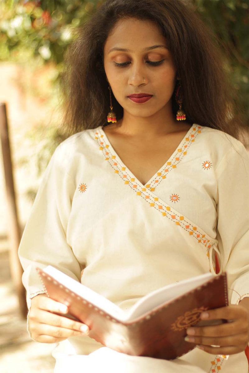 Kesariya Safed- Hand Embroidered Angarkha