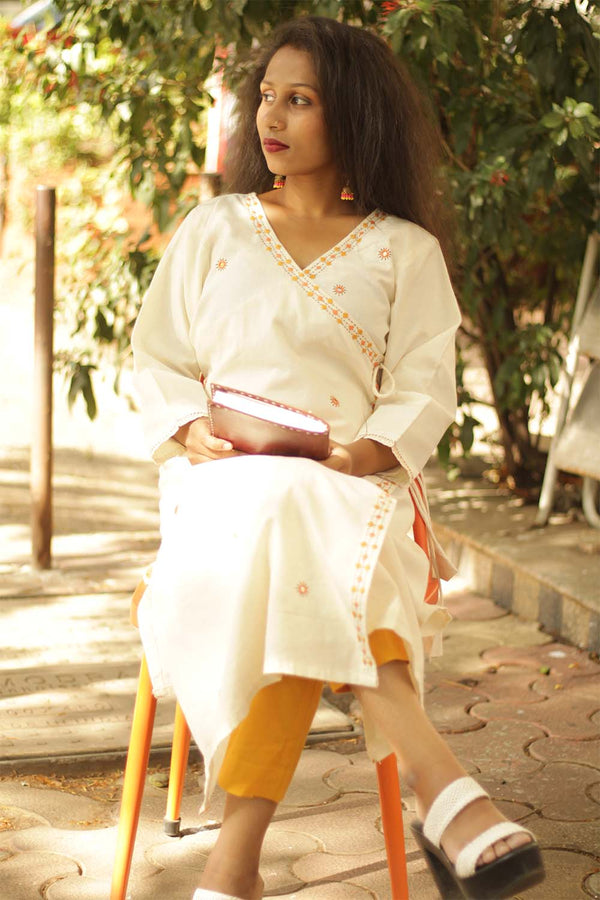 Kesariya Safed- Hand Embroidered Angarkha