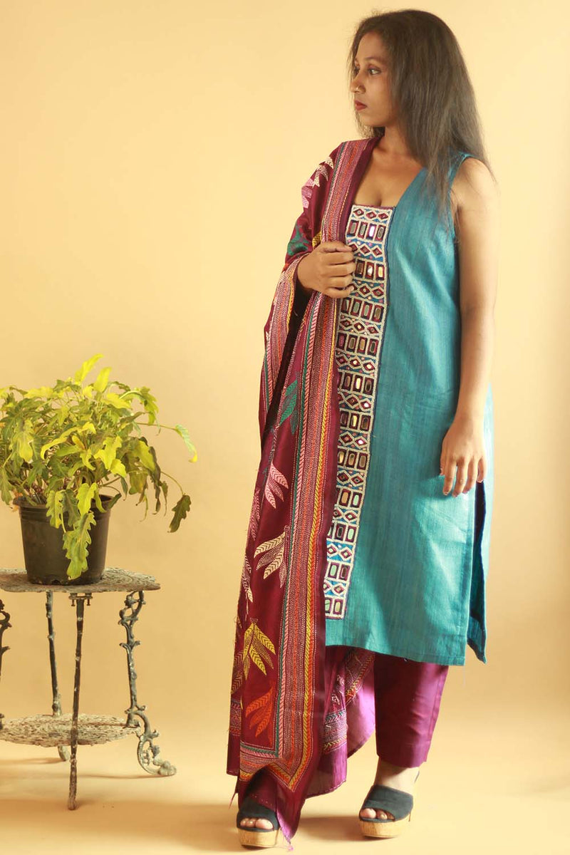 Azure Blue Silk Kurta with Mirrorwork